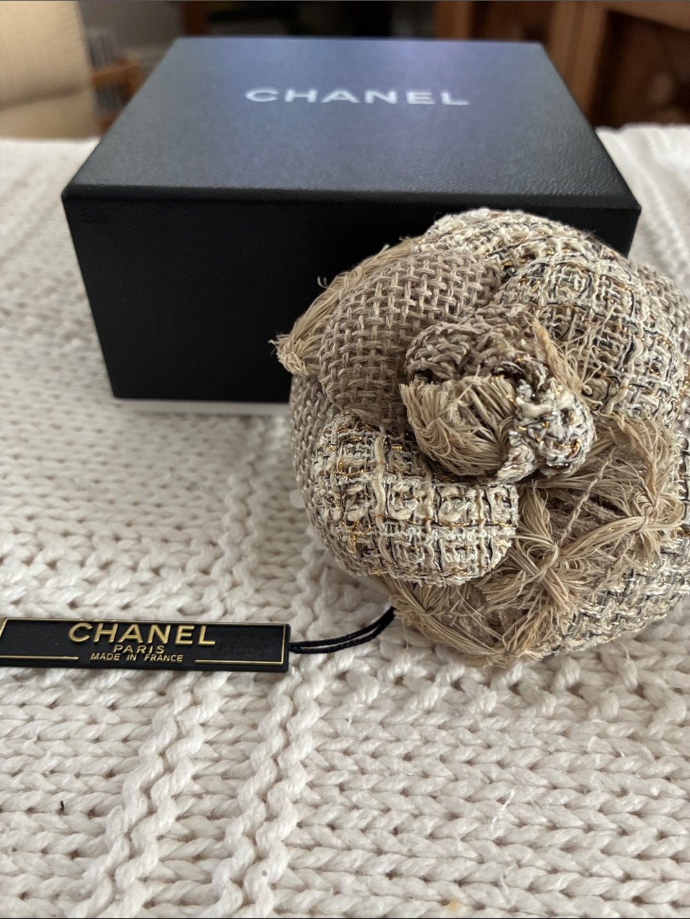CHANEL Beige Tweed Camellia Hair Clip with Gold Threading